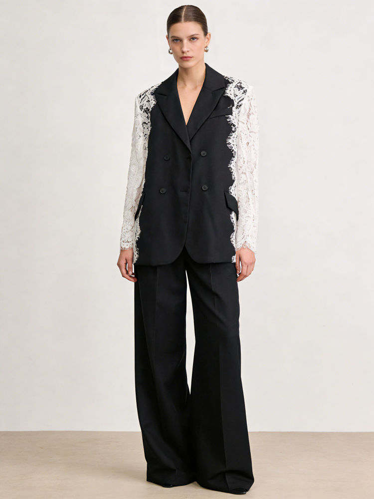 TWOTWINSTYLE Lapel Hit Color Spliced Double Breasted Chic Coat