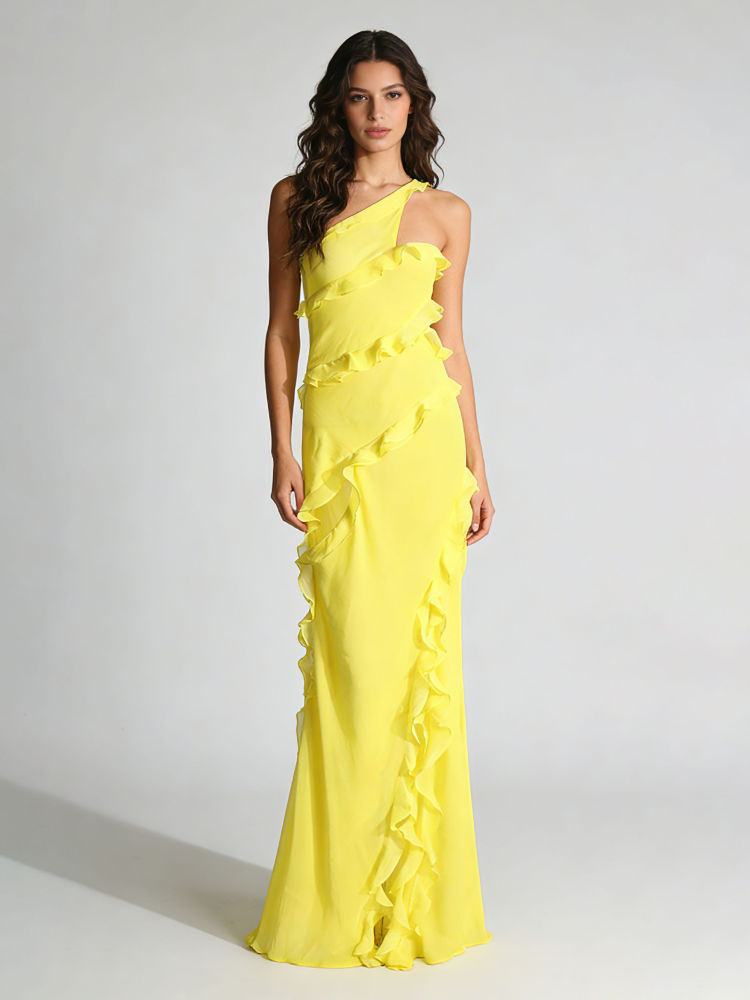 TWOTWINSTYLE Off One Shoulder Spliced Ruffles Chic Maxi Dress