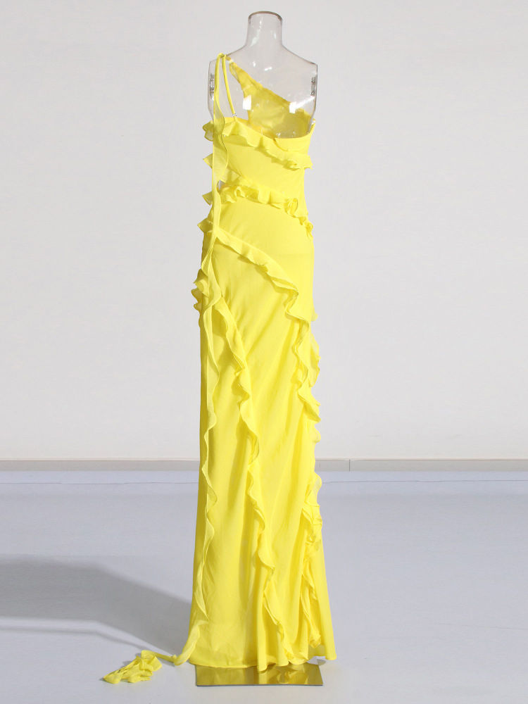 TWOTWINSTYLE Off One Shoulder Spliced Ruffles Chic Maxi Dress
