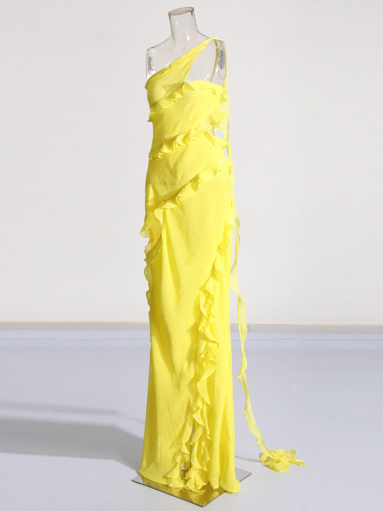 TWOTWINSTYLE Off One Shoulder Spliced Ruffles Chic Maxi Dress