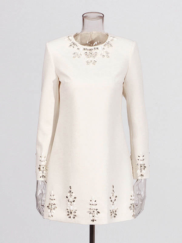 TWOTWINSTYLE Round Neck Long Sleeve Patchwork Diamond Chic Dress