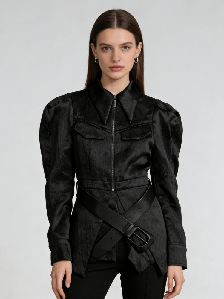 TWOTWINSTYLE Solid Lapel Patchwork Belt Tunic Temperament Coat