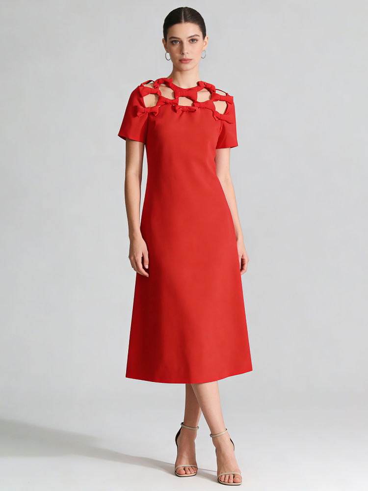 TWOTWINSTYLE Solid Round Neck Hollow Out Designer Dress