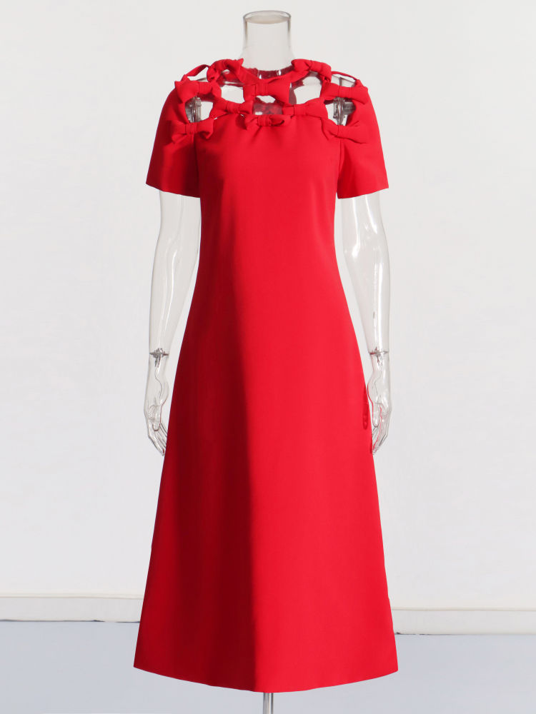 TWOTWINSTYLE Solid Round Neck Hollow Out Designer Dress