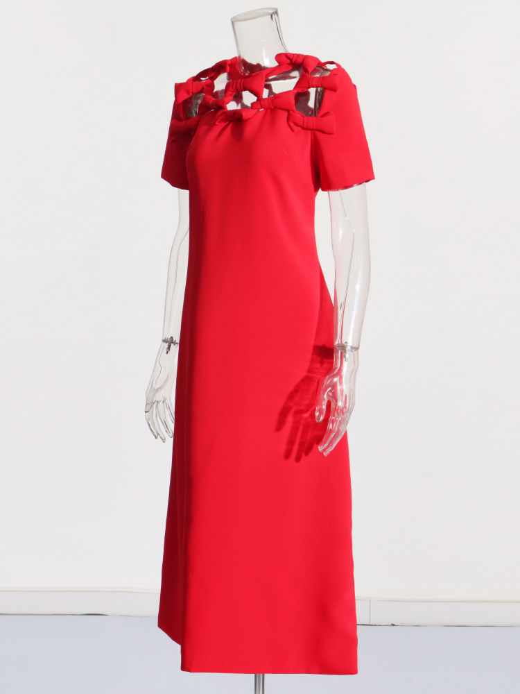 TWOTWINSTYLE Solid Round Neck Hollow Out Designer Dress
