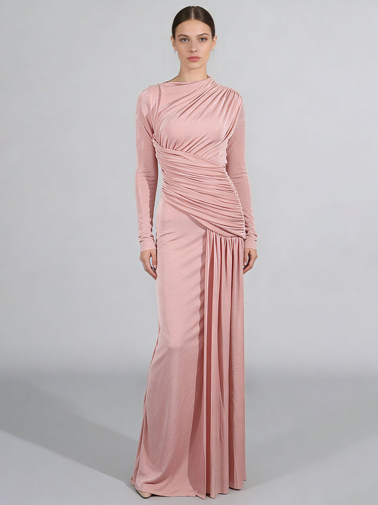 TWOTWINSTYLE Solid Round Neck Long Sleeve Slimming Vintage Dress
