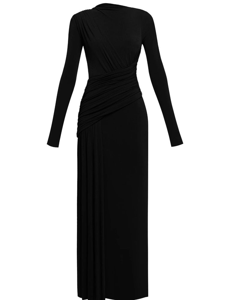 TWOTWINSTYLE Solid Round Neck Long Sleeve Slimming Vintage Dress