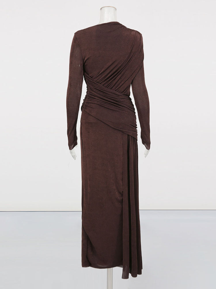 TWOTWINSTYLE Solid Round Neck Long Sleeve Slimming Vintage Dress