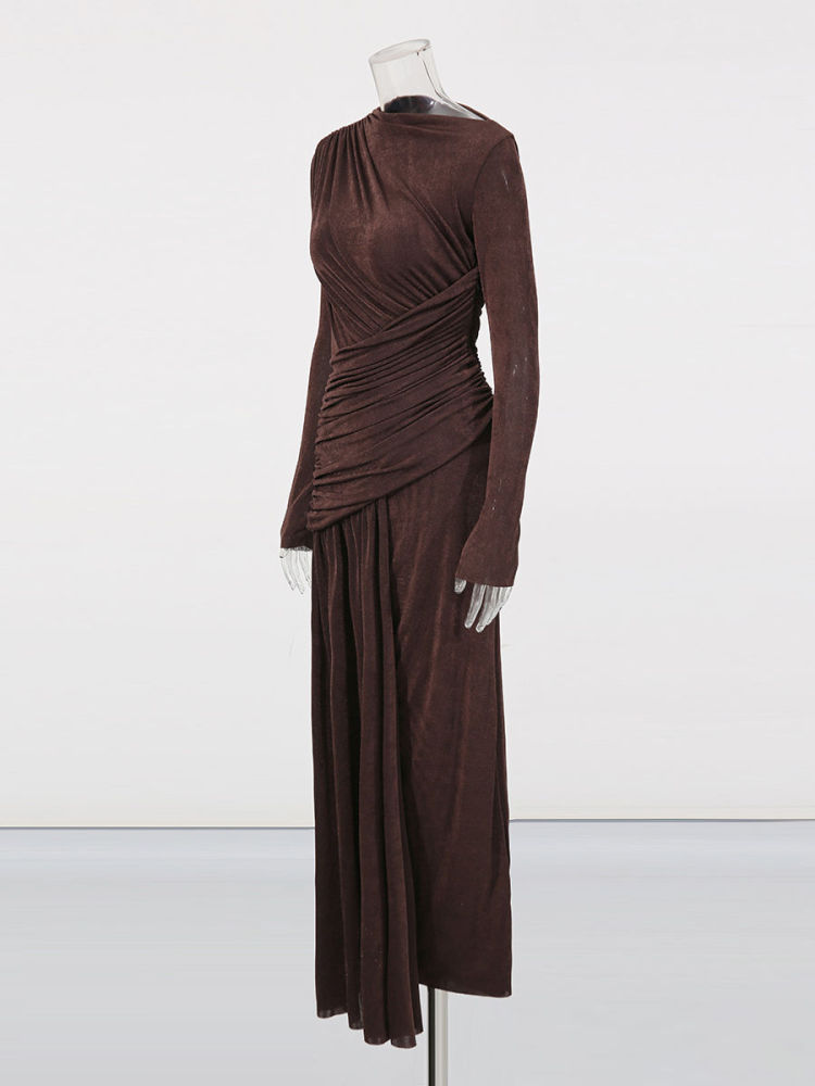 TWOTWINSTYLE Solid Round Neck Long Sleeve Slimming Vintage Dress