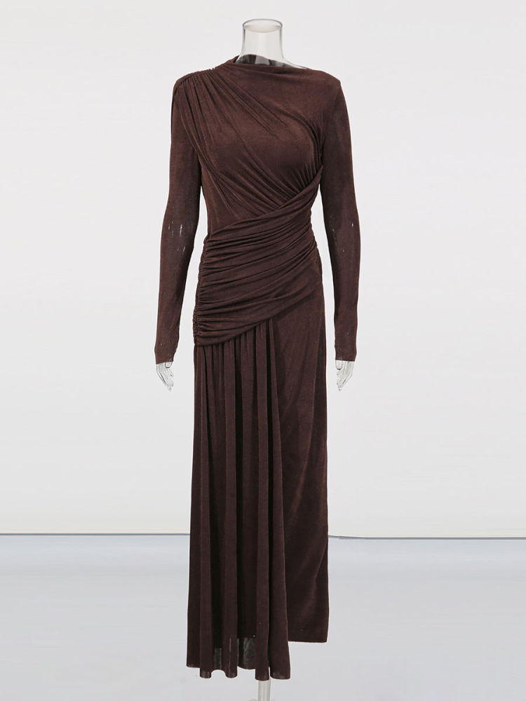 TWOTWINSTYLE Solid Round Neck Long Sleeve Slimming Vintage Dress