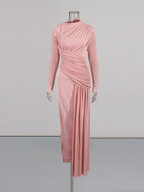 TWOTWINSTYLE Solid Round Neck Long Sleeve Slimming Vintage Dress