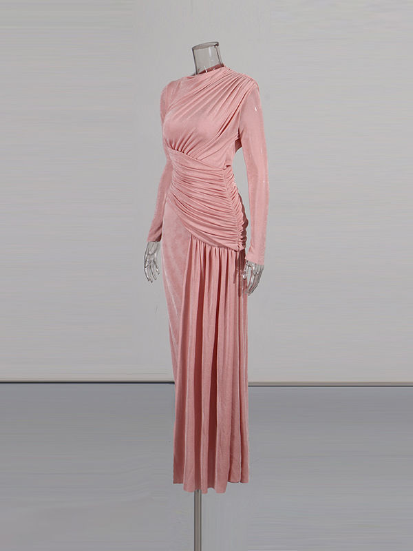 TWOTWINSTYLE Solid Round Neck Long Sleeve Slimming Vintage Dress