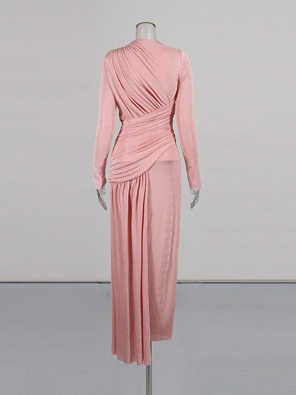 TWOTWINSTYLE Solid Round Neck Long Sleeve Slimming Vintage Dress