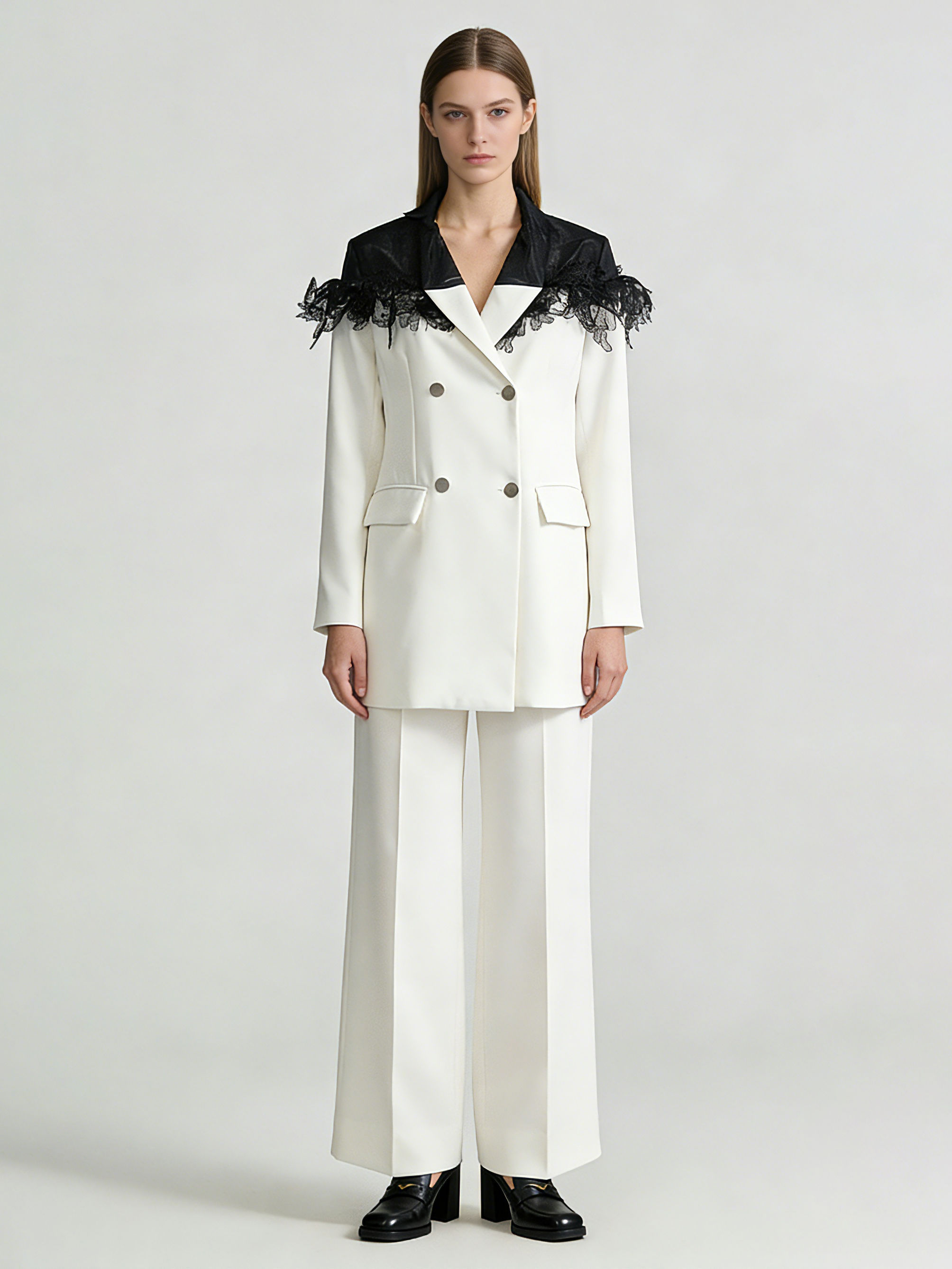 TWOTWINSTYLE Lapel Hit Color Spliced Lace Temperament Coat