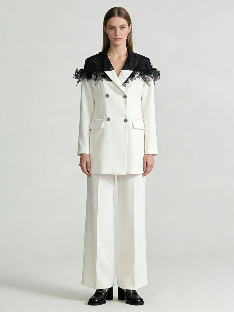 TWOTWINSTYLE Lapel Hit Color Spliced Lace Temperament Coat