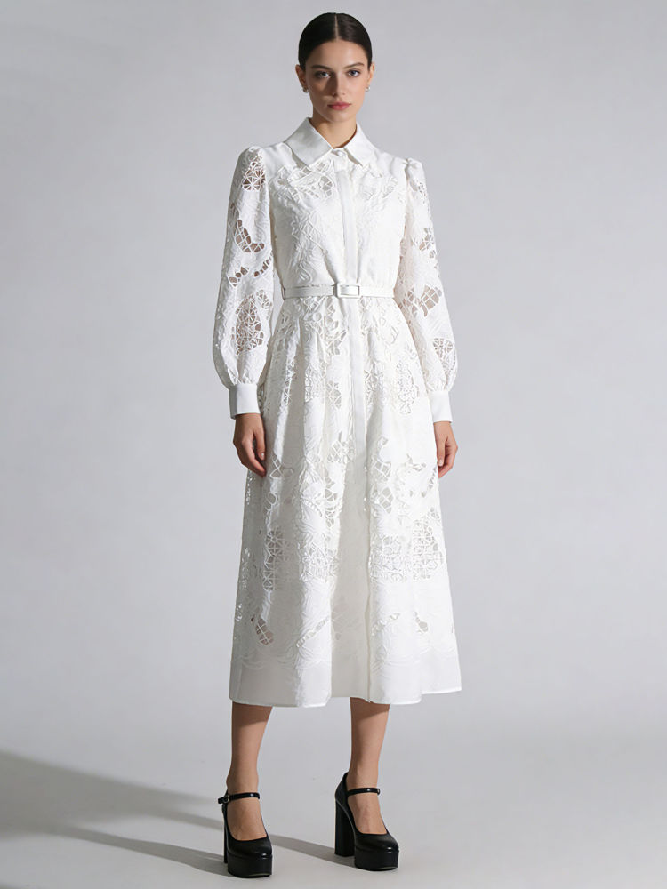 TWOTWINSTYLE Lapel Hollow Out  High Waist Elegant Dress