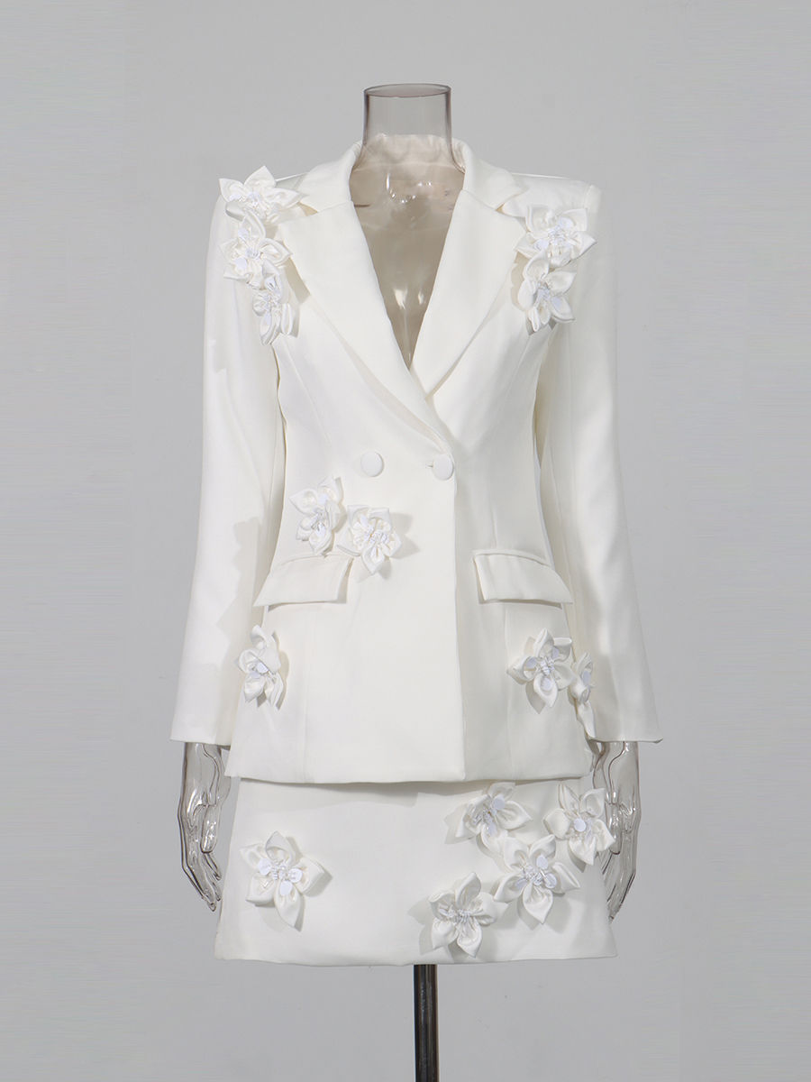 TWOTWINSTYLE Lapel Spliced 3D Flower Top Solid High Waist Skirt Elegant Set