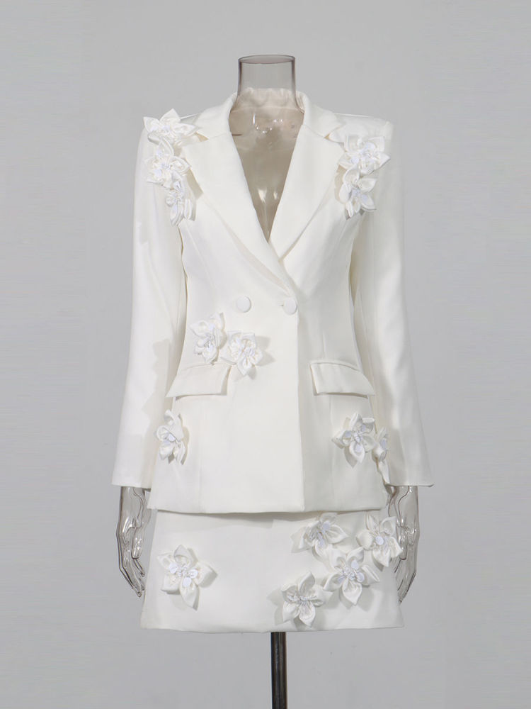 TWOTWINSTYLE Lapel Spliced 3D Flower Top Solid High Waist Skirt Elegant Set