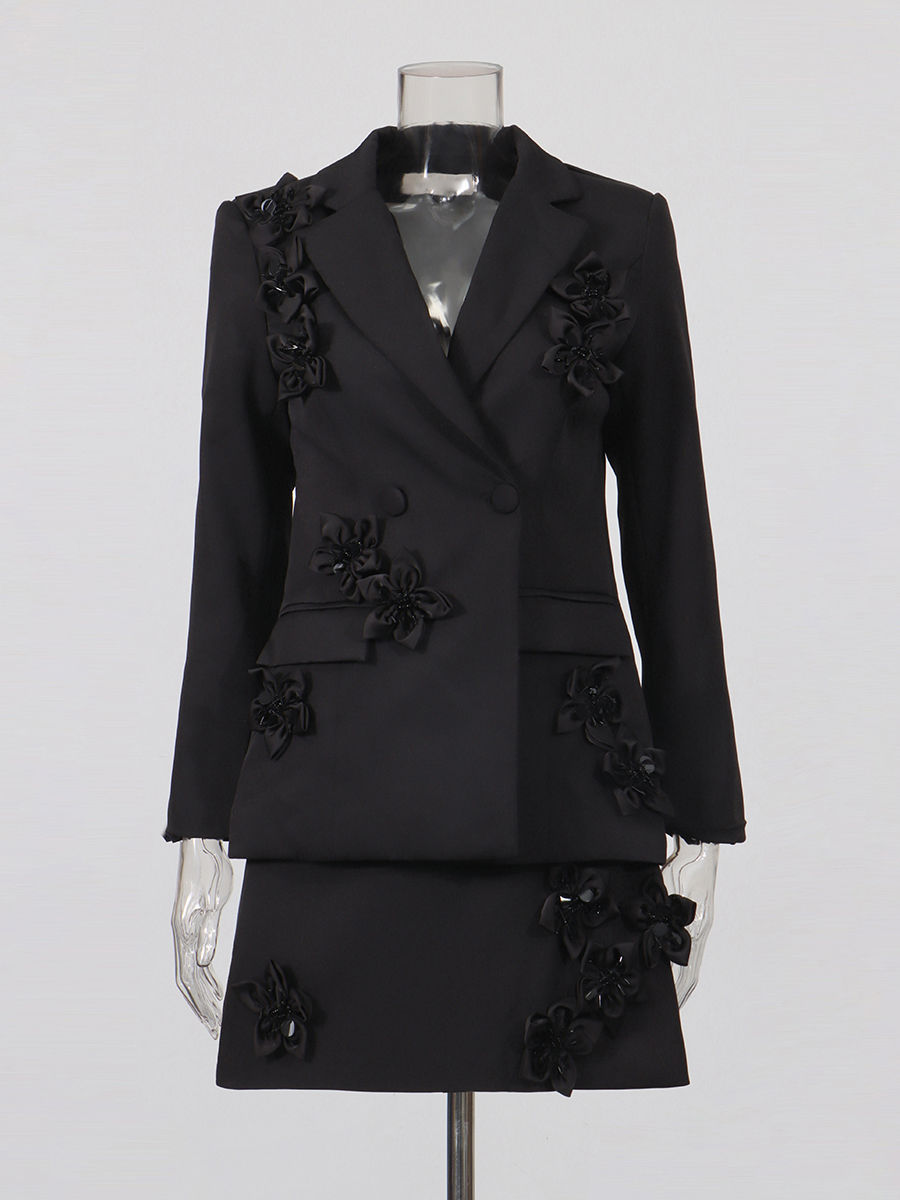 TWOTWINSTYLE Lapel Spliced 3D Flower Top Solid High Waist Skirt Elegant Set
