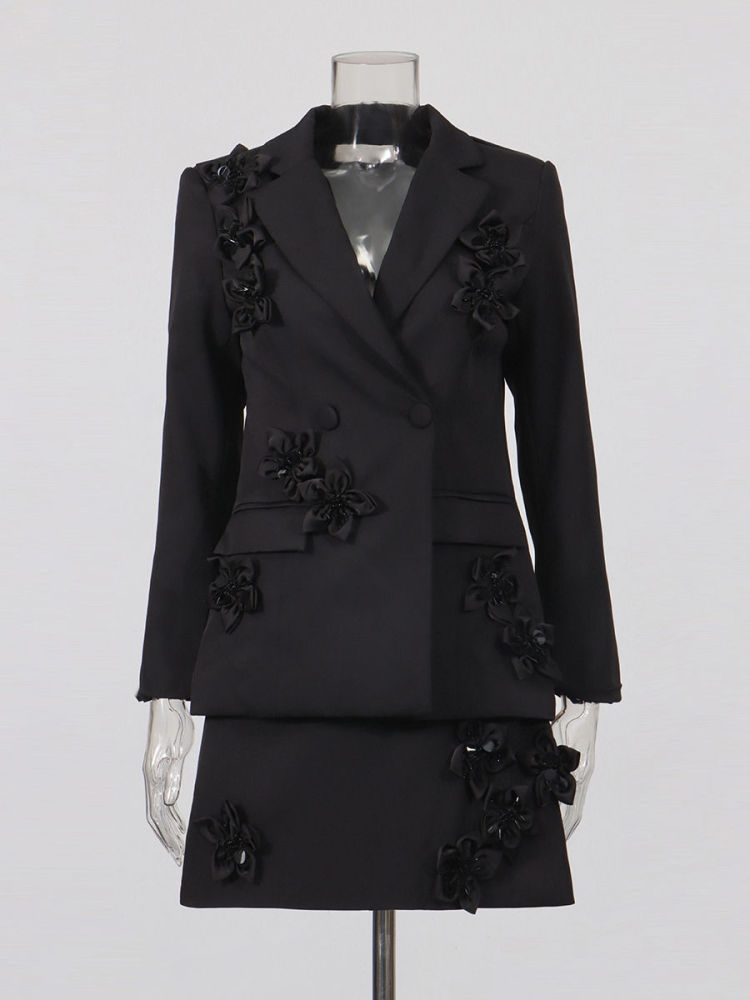 TWOTWINSTYLE Lapel Spliced 3D Flower Top Solid High Waist Skirt Elegant Set