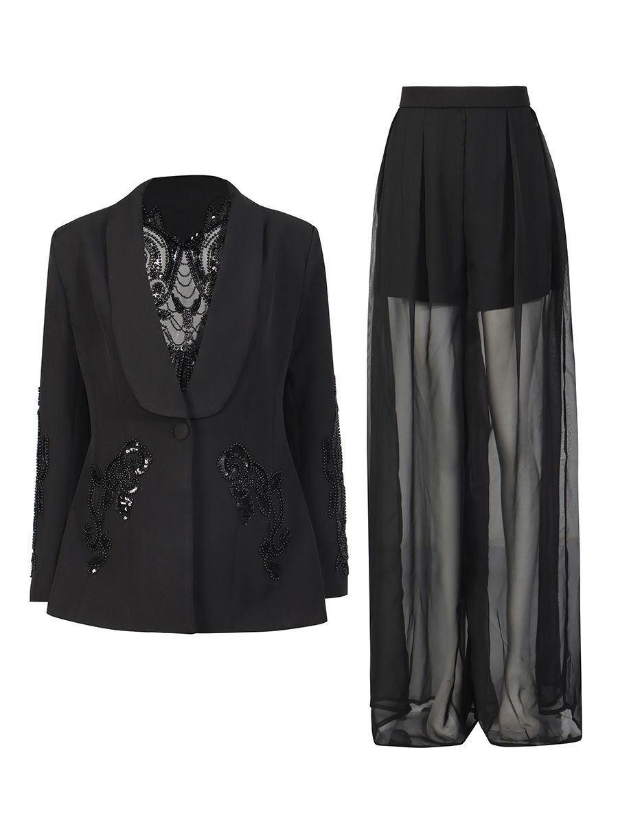 TWOTWINSTYLE Patchwork Sequins Hollow Out Coat Perspective Wide Leg Pants Designer Set