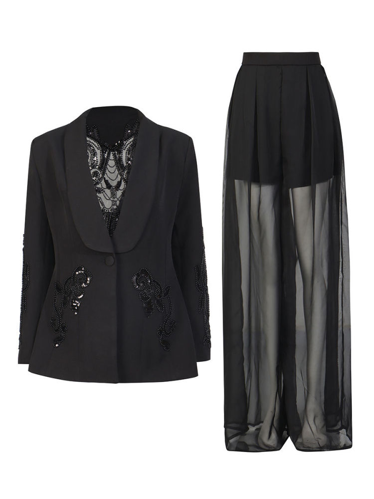 TWOTWINSTYLE Patchwork Sequins Hollow Out Coat Perspective Wide Leg Pants Designer Set