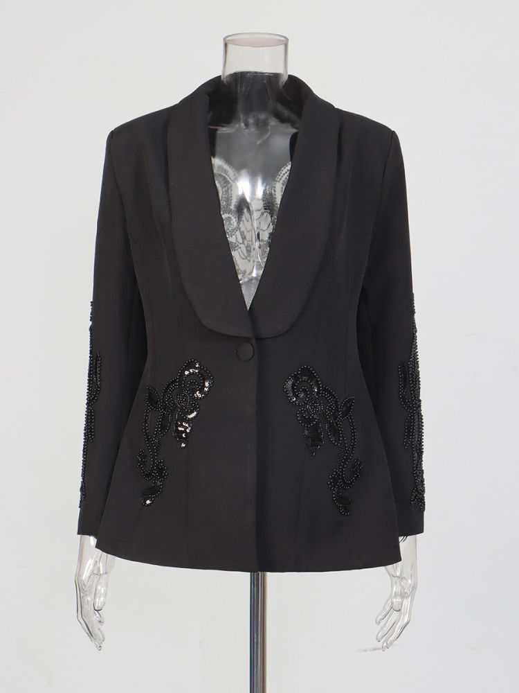 TWOTWINSTYLE Patchwork Sequins Hollow Out Coat Perspective Wide Leg Pants Designer Set
