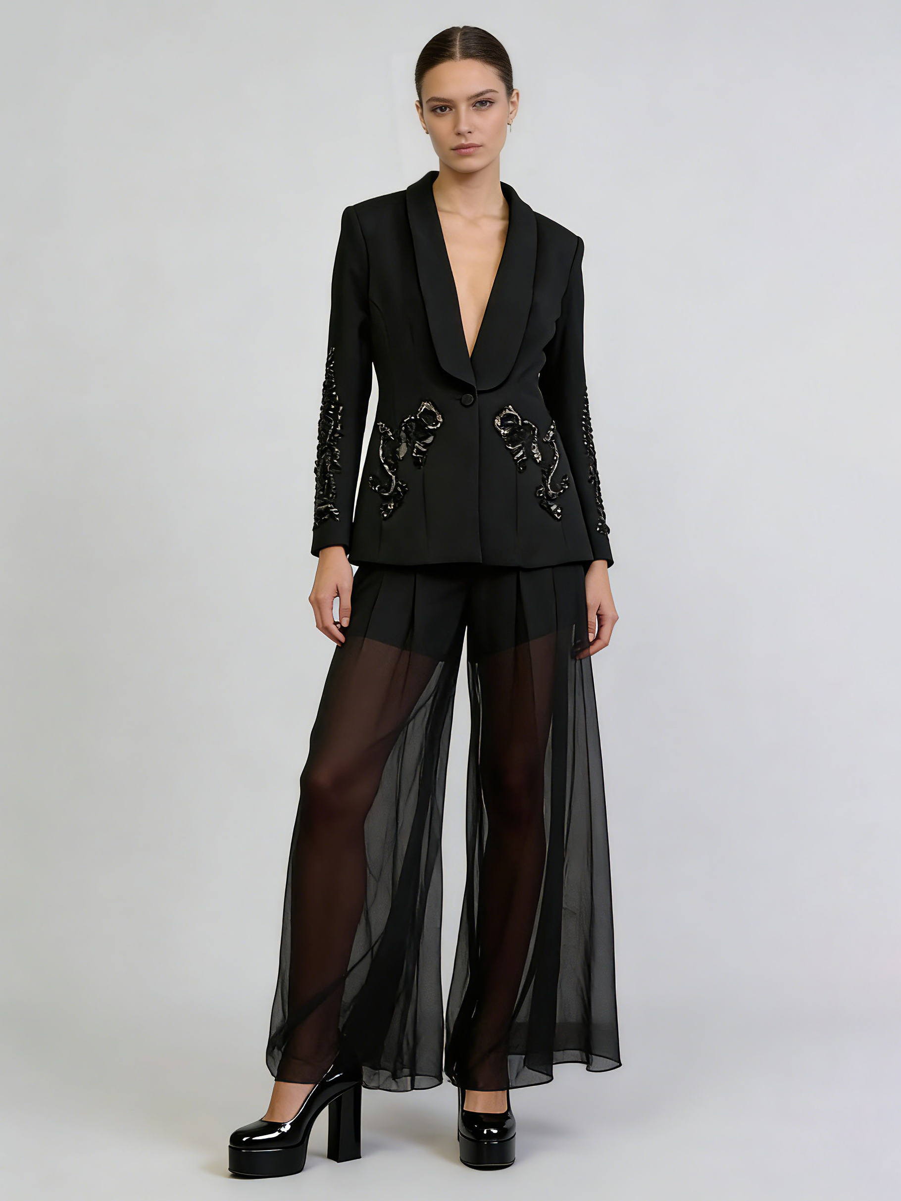TWOTWINSTYLE Patchwork Sequins Hollow Out Coat Perspective Wide Leg Pants Designer Set