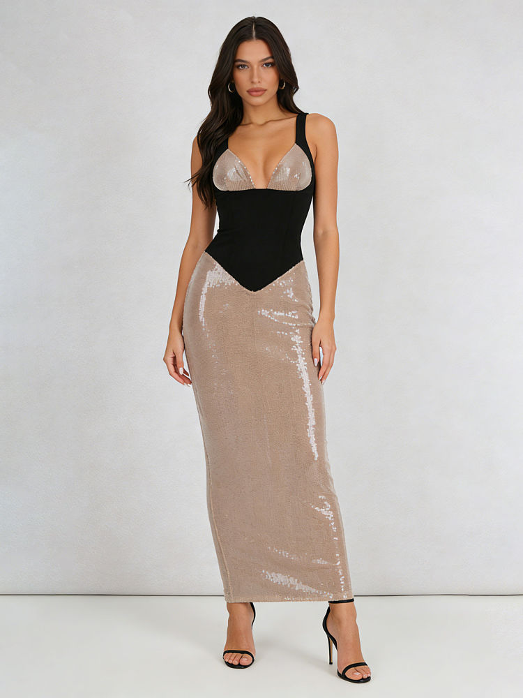 TWOTWINSTYLE Sleeveles Hit Color Patchwork Sequins Elegant Dress