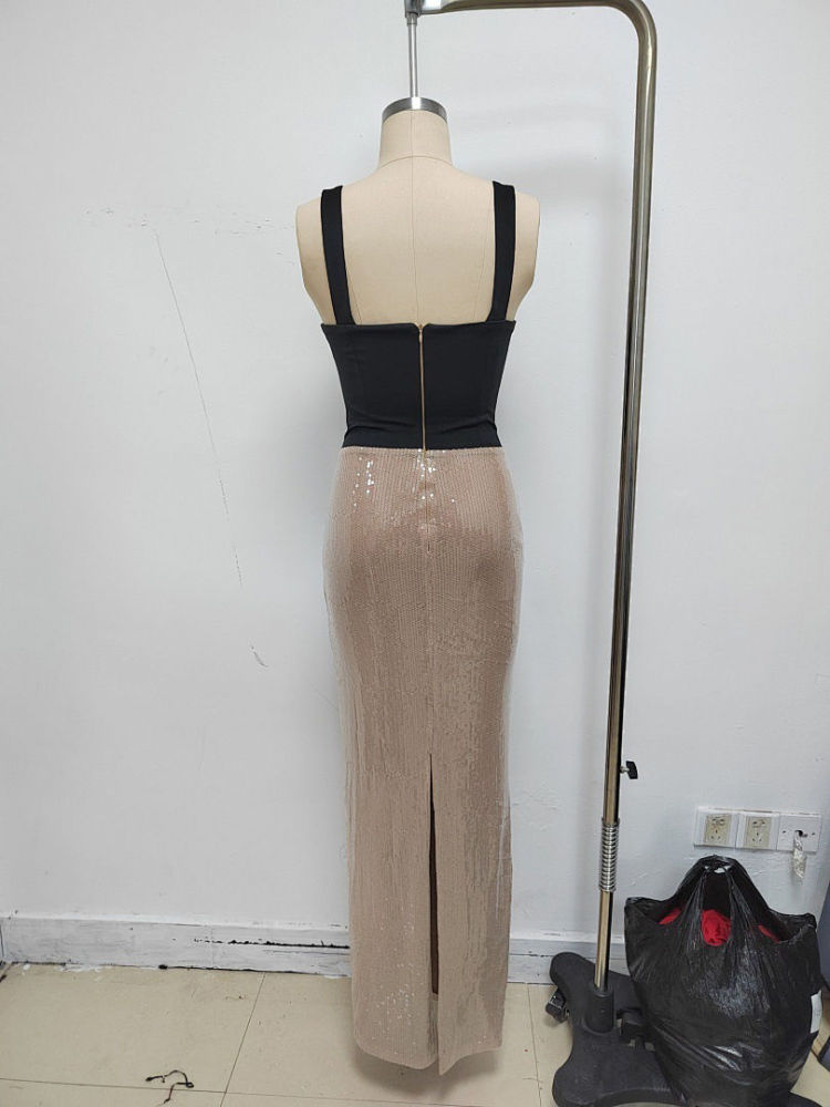 TWOTWINSTYLE Sleeveles Hit Color Patchwork Sequins Elegant Dress