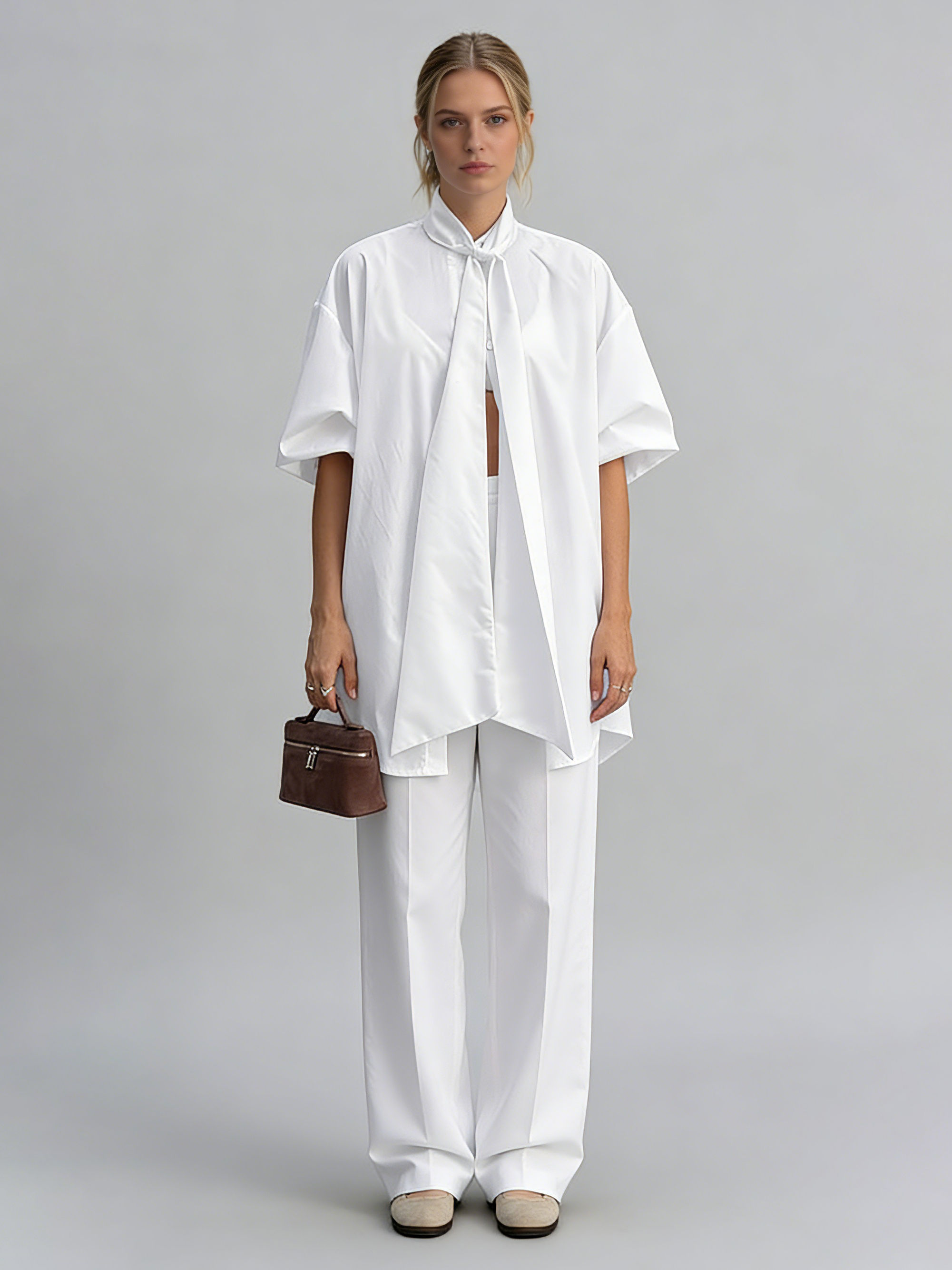 TWOTWINSTYLE Solid Short Sleeve Spliced Lace Up Casual Shirt