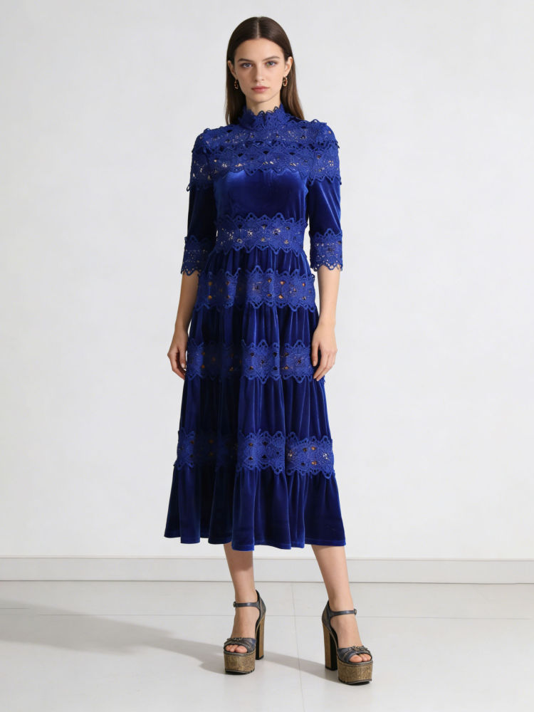 TWOTWINSTYLE Stand Collar Hollow Out Tunic Elegant Dress