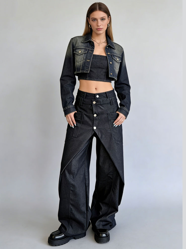 TWOTWINSTYLE High Waist Patchwork Button Chic Wide Leg Pants