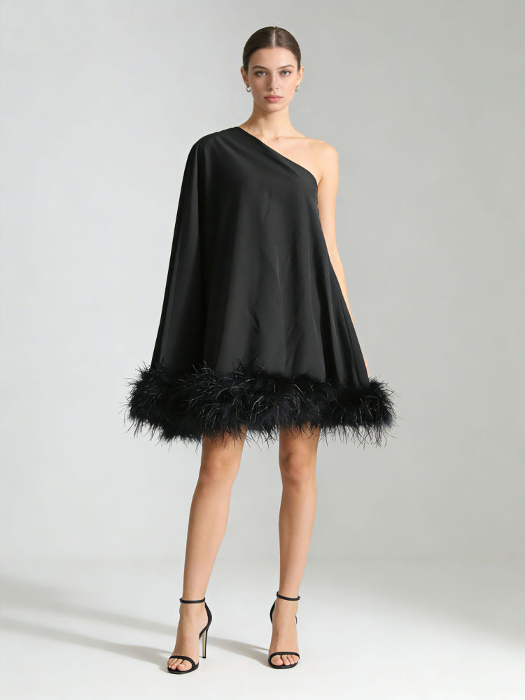TWOTWINSTYLE Off One Shoulder Patchwork Fur Fashion Dress