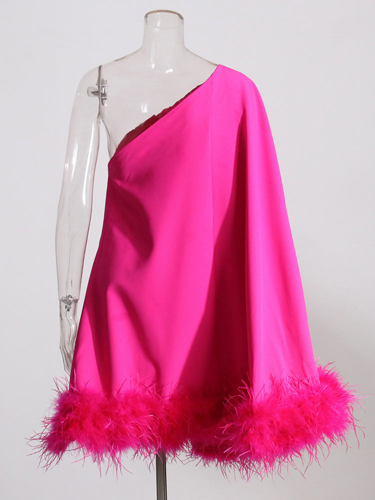 TWOTWINSTYLE Off One Shoulder Patchwork Fur Fashion Dress