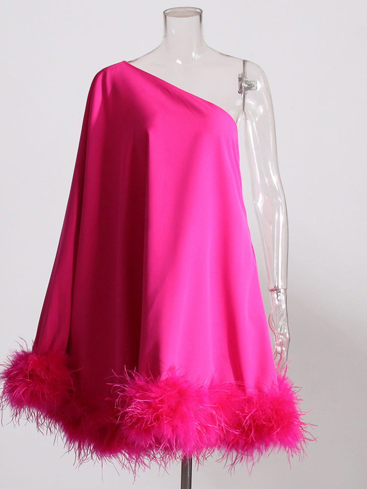 TWOTWINSTYLE Off One Shoulder Patchwork Fur Fashion Dress