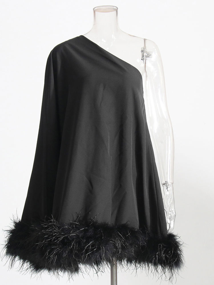 TWOTWINSTYLE Off One Shoulder Patchwork Fur Fashion Dress