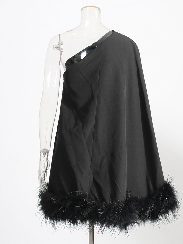 TWOTWINSTYLE Off One Shoulder Patchwork Fur Fashion Dress