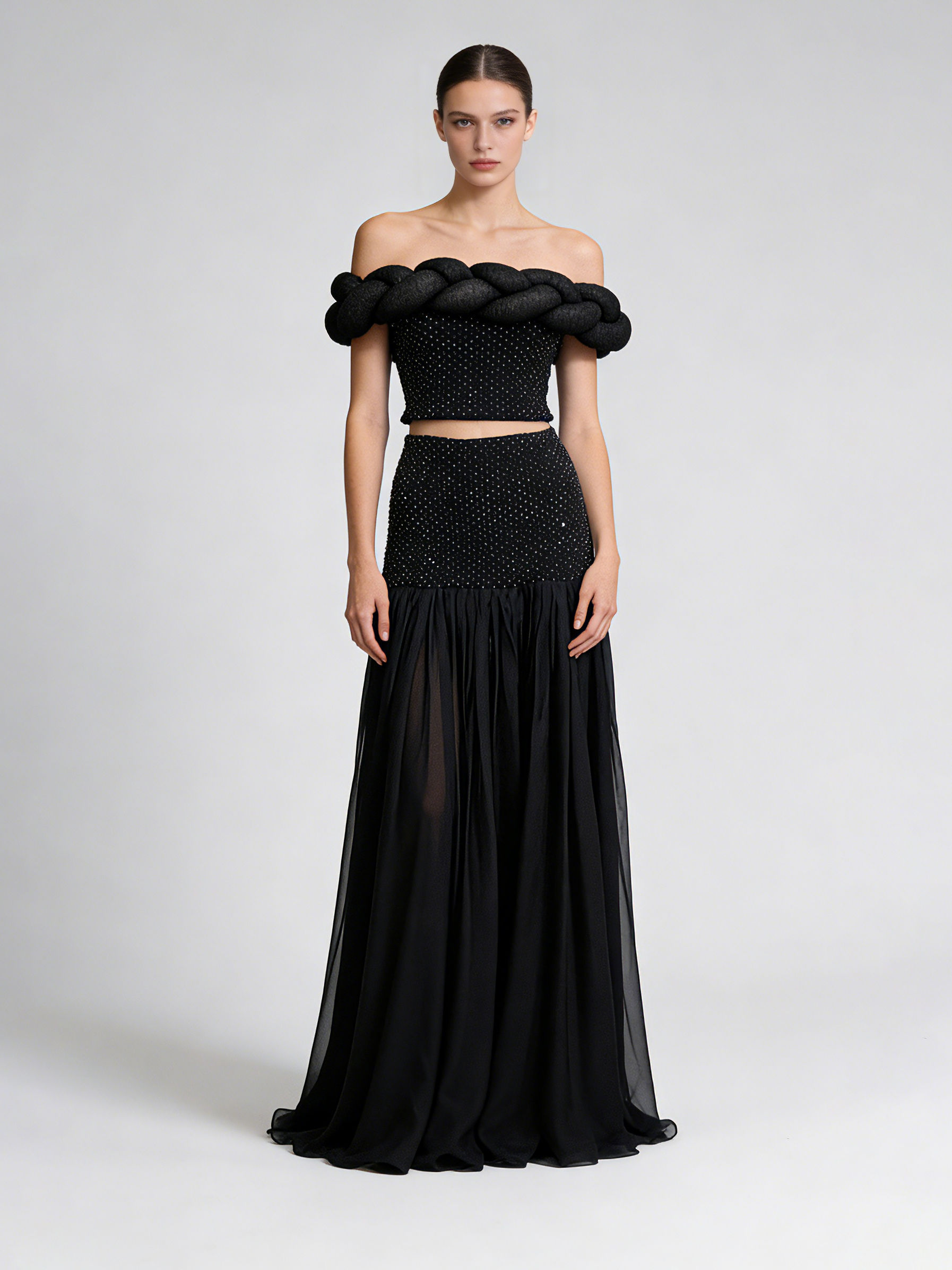 TWOTWINSTYLE Off Shoulder Top Spliced Diamond Skirt Elegant Two Piece Set