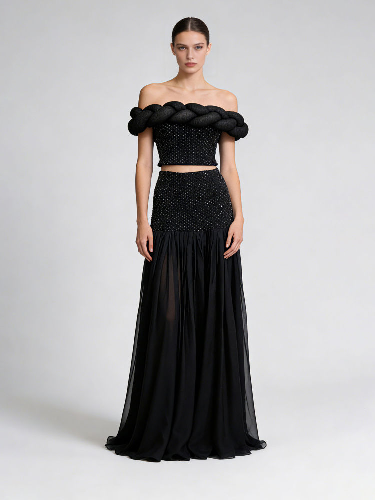 TWOTWINSTYLE Off Shoulder Top Spliced Diamond Skirt Elegant Two Piece Set