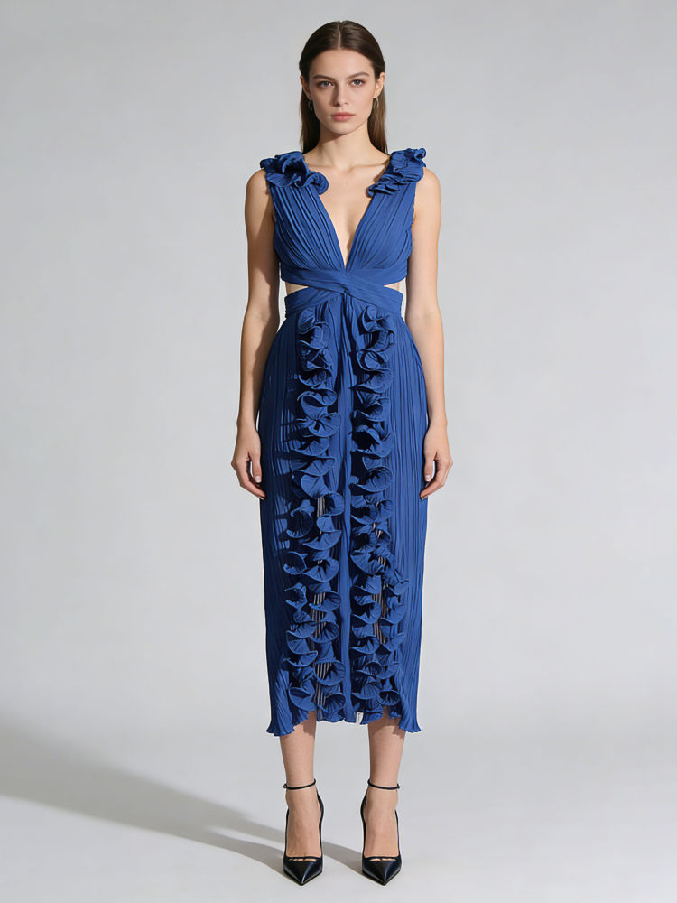 TWOTWINSTYLE Sleeveles Deep V Neck Spliced Ruffles Fashion Dress