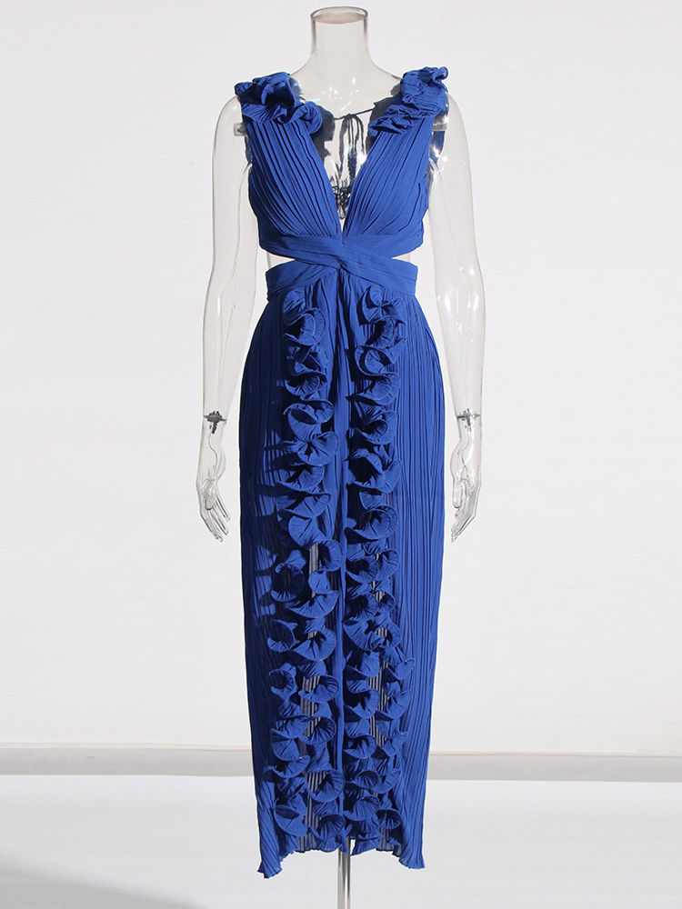 TWOTWINSTYLE Sleeveles Deep V Neck Spliced Ruffles Fashion Dress