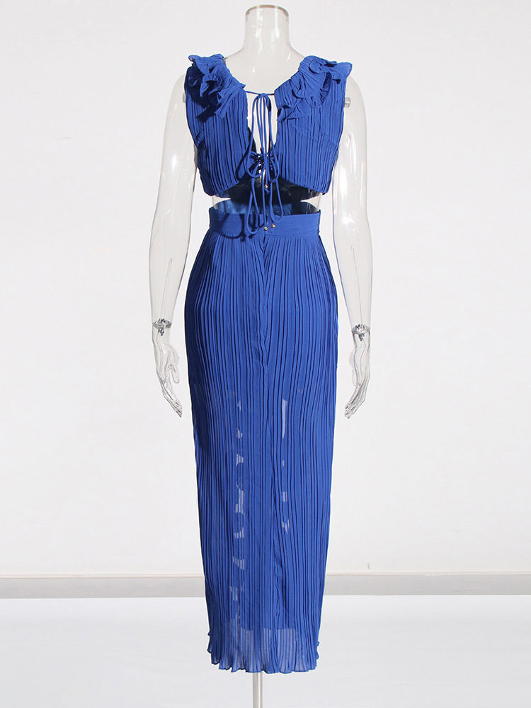 TWOTWINSTYLE Sleeveles Deep V Neck Spliced Ruffles Fashion Dress