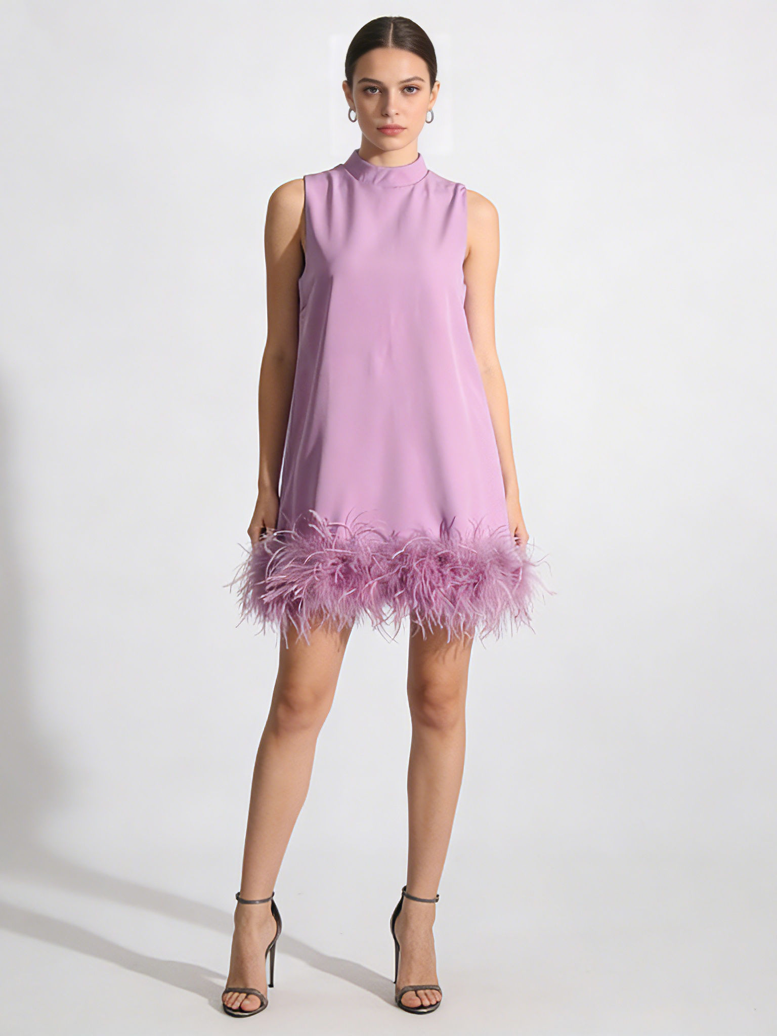 TWOTWINSTYLE Stand Collar Sleeveles Patchwork Fur Chic Dress
