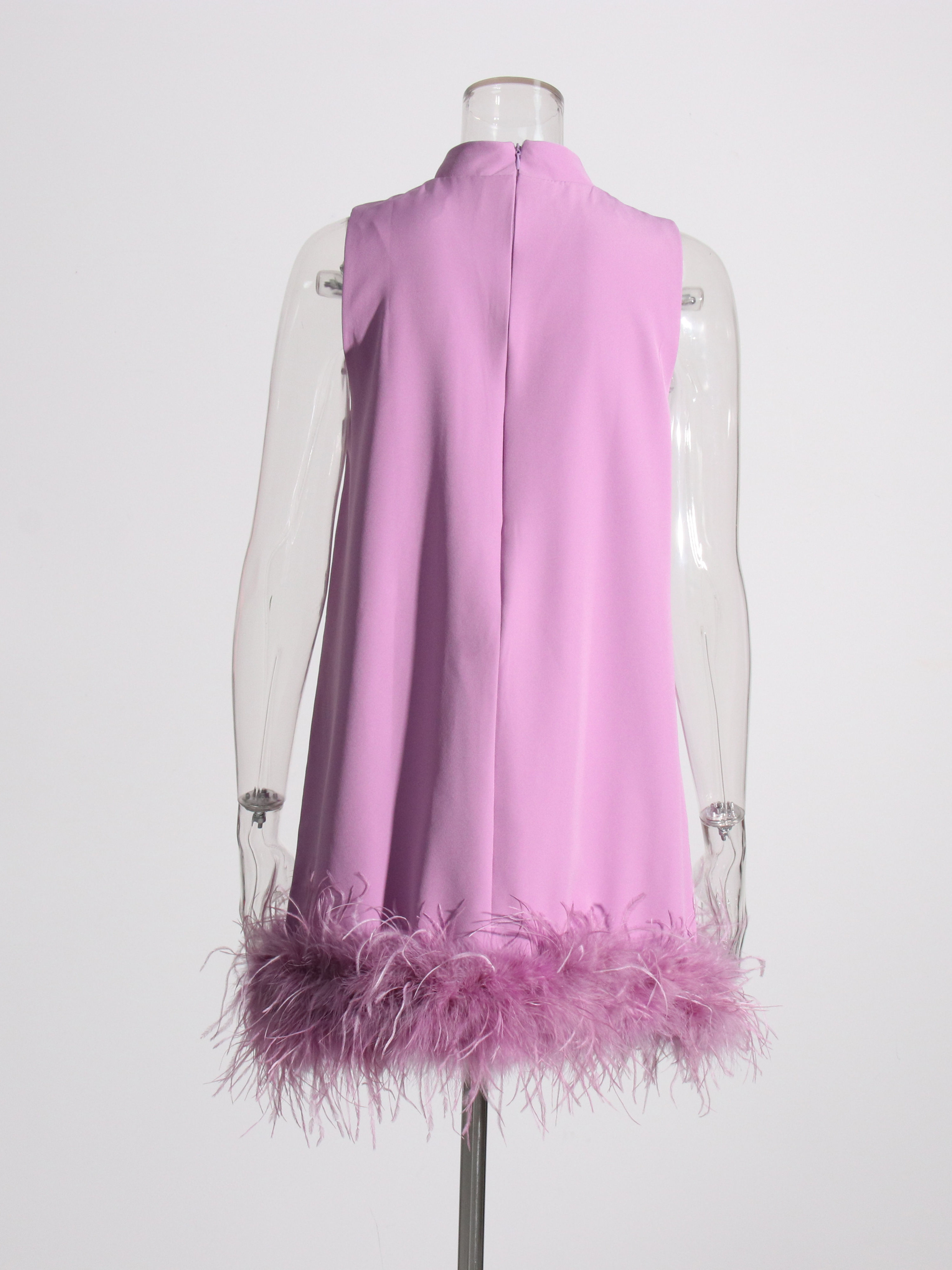 TWOTWINSTYLE Stand Collar Sleeveles Patchwork Fur Chic Dress