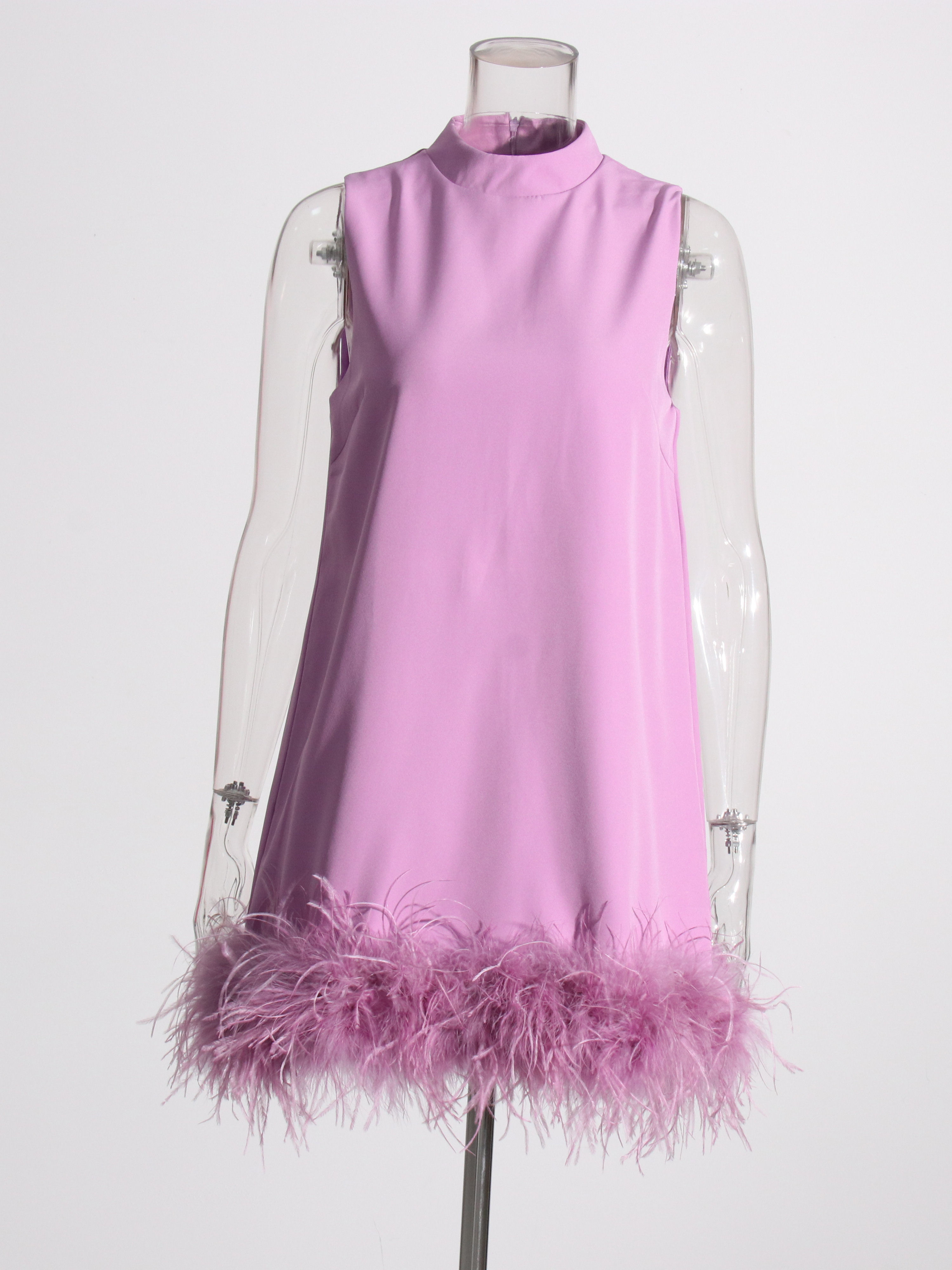 TWOTWINSTYLE Stand Collar Sleeveles Patchwork Fur Chic Dress