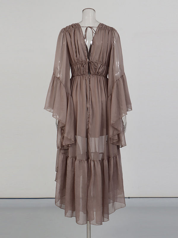 TWOTWINSTYLE V Neck Bell Sleeve Irregular Hem Designer Dress