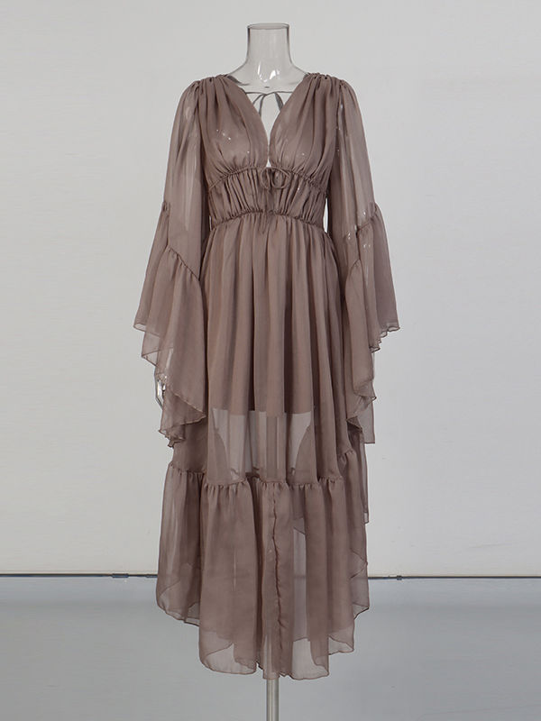 TWOTWINSTYLE V Neck Bell Sleeve Irregular Hem Designer Dress