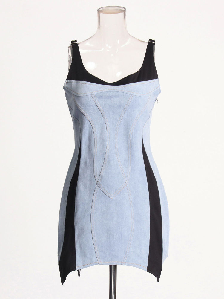 TWOTWINSTYLE Hit Color Patchwork Denim Fashion Mini Dress