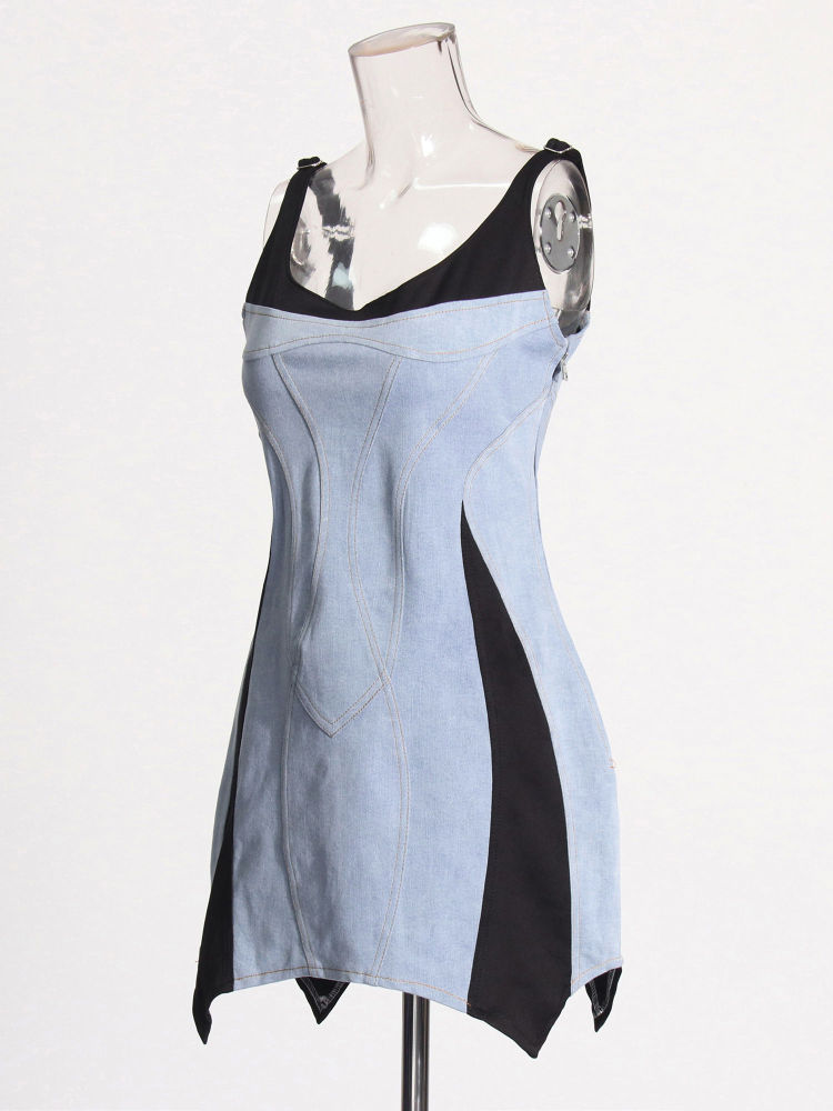 TWOTWINSTYLE Hit Color Patchwork Denim Fashion Mini Dress